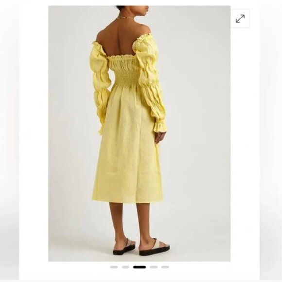 Sleeper Linen Michelin Off-Shoulder Midi Dress in Yellow - Size L - Picture 4 of 10